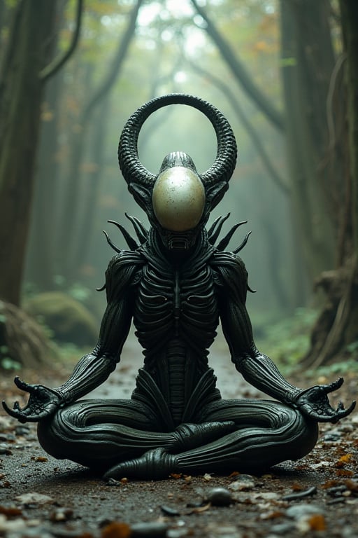 xenomorph, xeno alien, h.r.giger in the middle of the image, in a lotus position with its tale above making a circle, biomechanical, zen