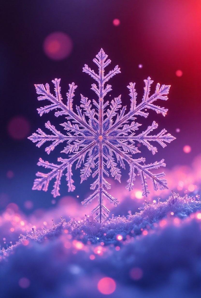 An ultra-detailed macro 3d photograph of a single,  freely floating snowflake,  captured mid-air against a softly blurred...