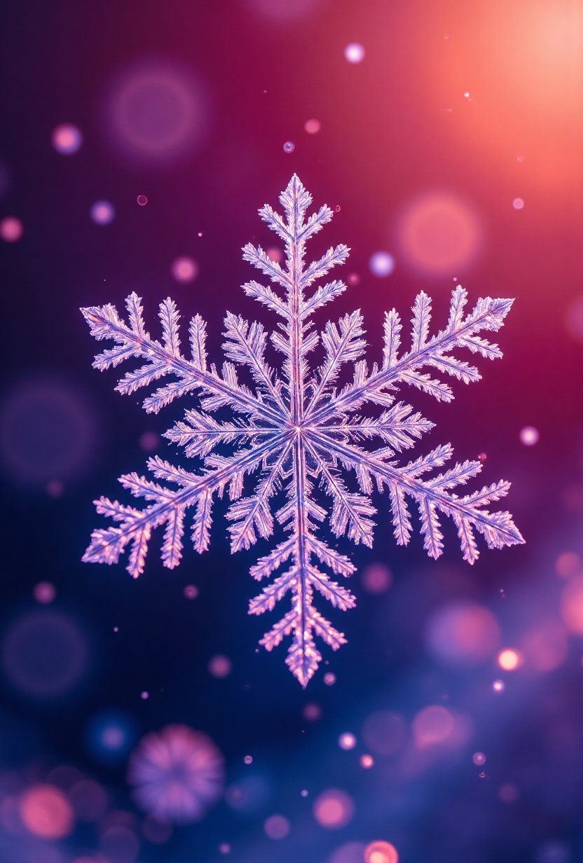 An ultra-detailed macro photograph of a single,  freely floating snowflake,  captured mid-air against a softly blurred by...