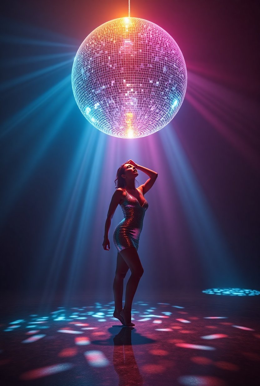 A surreal,  artistic scene where a large,  shimmering disco ball is the central element. The disco ball hangs in the darkn...