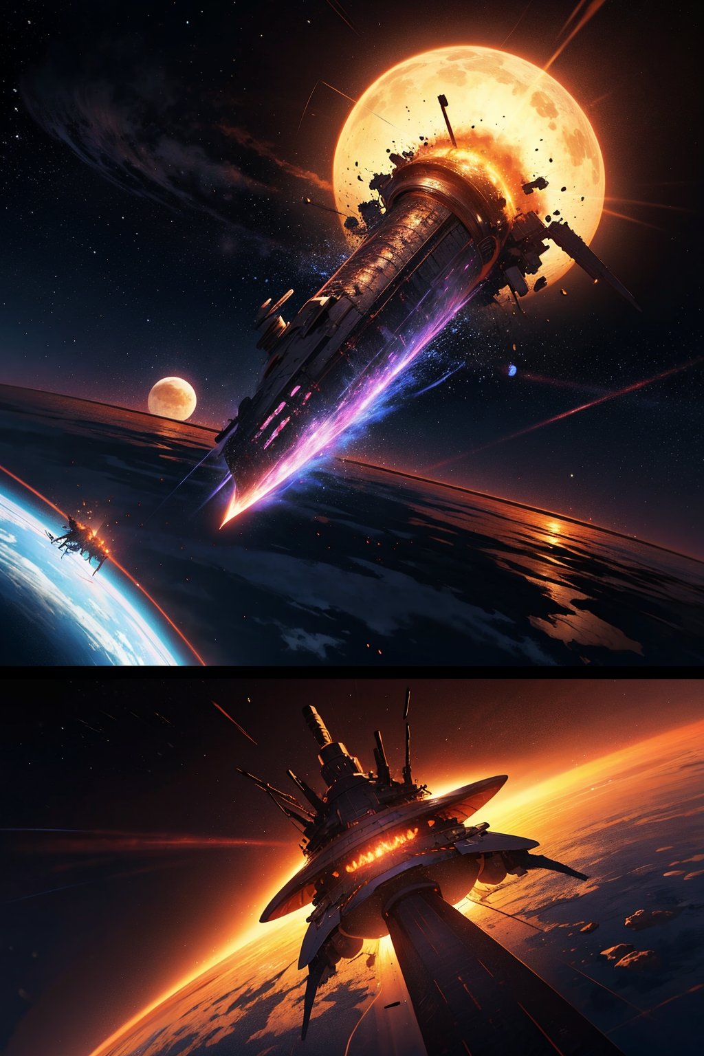 two gigantic alien ships that are flying near Saturn collide with each other, making a huge gigantic explosion. The scene is epic and monstrous due to the magnitude of the explosion of both alien ships.