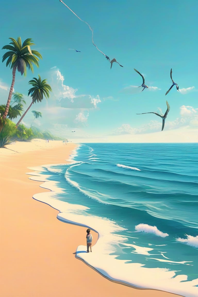 A serene blue beach scene: a tranquil ocean stretches out to meet the sky, with gentle waves lapping at the shore. Palm trees sway softly in the breeze, their leaves rustling against the warm sand. A lone figure stands at the water's edge, gazing out at the horizon, while seagulls soar overhead, their cries carried on the sea air.