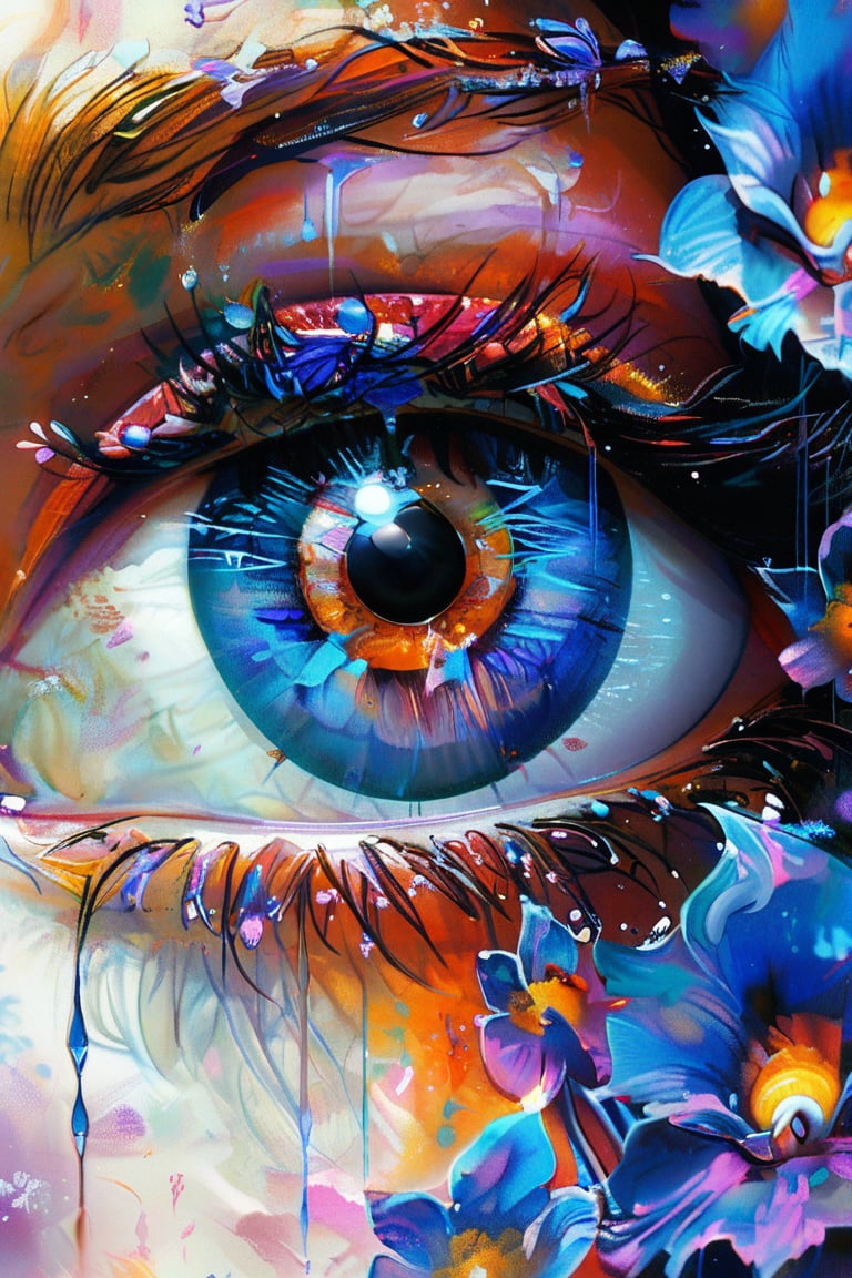 (Close-up)(solo Eye) young girl. Fractal iris, fantasy beauty, bio chemiluminescence iris, art nouveau, bright colors, kaleidoscope, and prism effects, abstract art, calligraphy patterns, artistic lettering, beautiful scripts, penmanship, visual poetry, cultural, Realistic Blue Eye, Melting pigments, falling colors, vivid, colorful, fantasy, oil on canvas, Dripping paint, crystal flower.