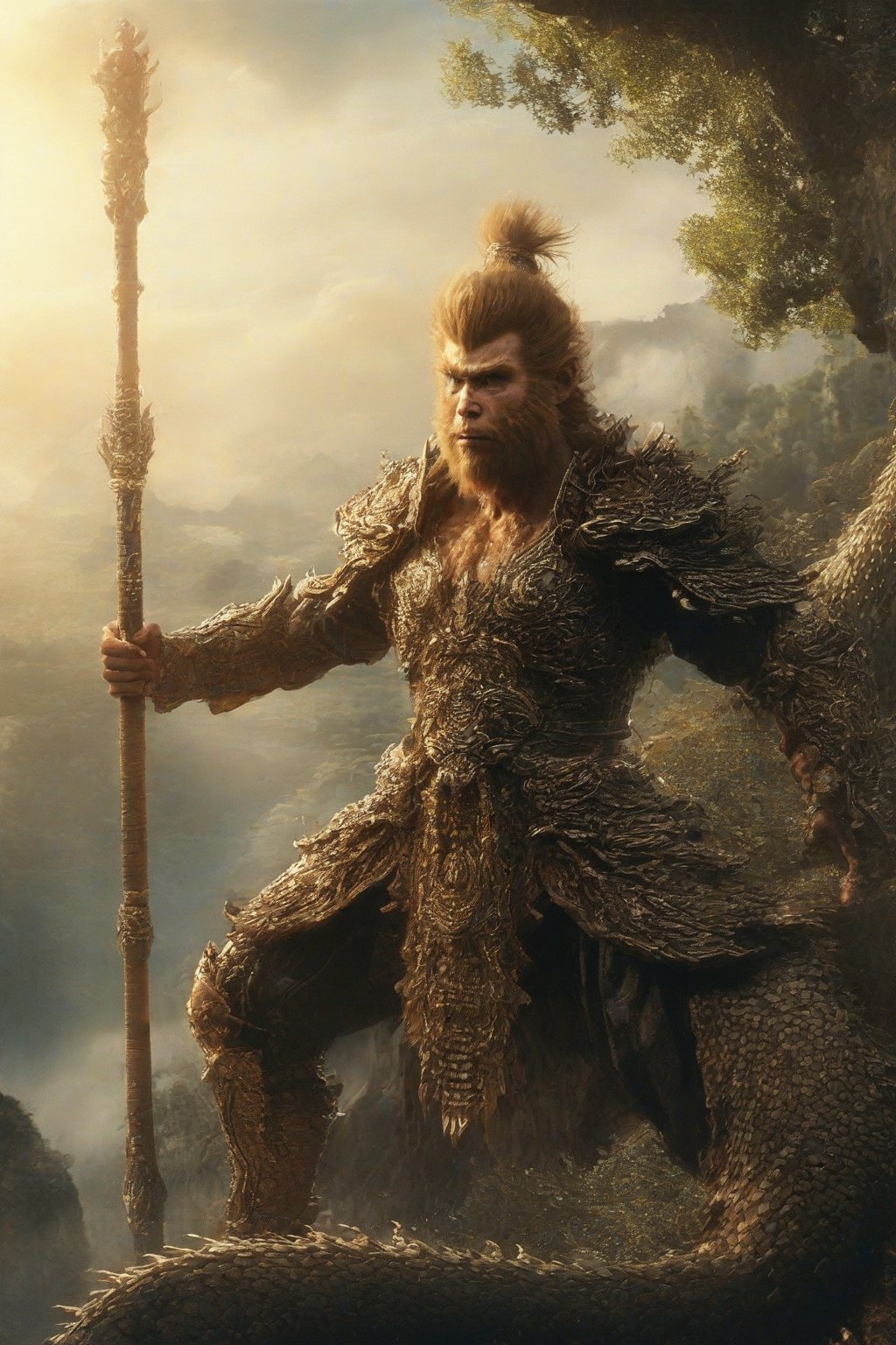 Wukong, a majestic figure clad in gleaming armor, his long beard flowing like a golden river down his chest. He stands proudly, one hand grasping the reins of a majestic dragon, its scales glinting in the warm sunlight. In the background, ancient trees tower, their leaves rustling softly as Wukong surveys his kingdom with wise, knowing eyes.