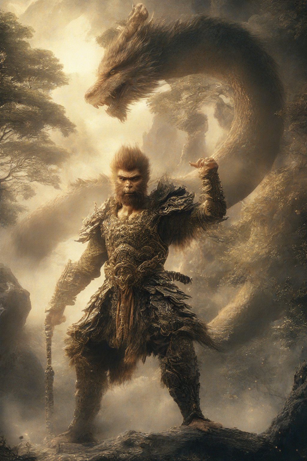 Wukong, a majestic figure clad in gleaming armor, his long beard flowing like a golden river down his chest. He stands proudly, one hand grasping the reins of a majestic dragon, its scales glinting in the warm sunlight. In the background, ancient trees tower, their leaves rustling softly as Wukong surveys his kingdom with wise, knowing eyes.