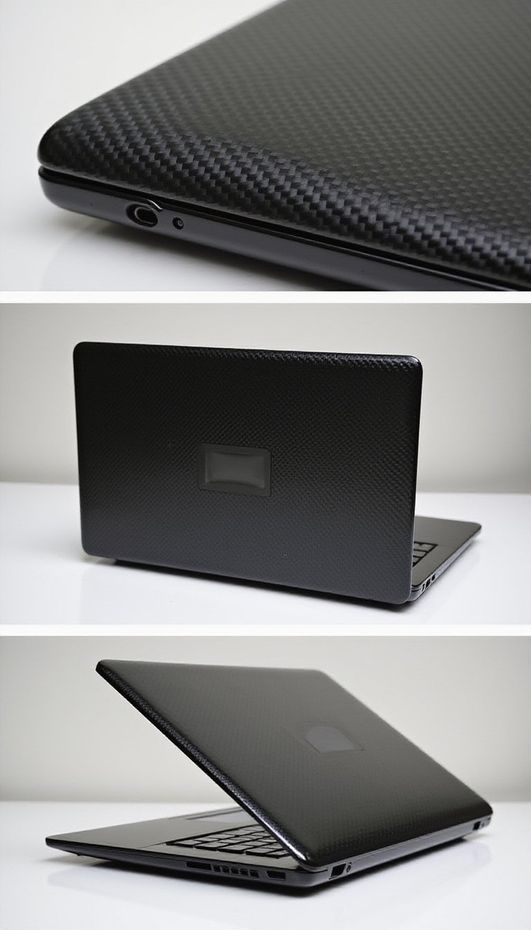 "Create a product photography setup for a laptop skin made of carbon vinyl. The image should display the skin’s smooth texture and realistic carbon fiber design, with close-ups of the edges and corners to show how it fits the laptop. Include different angles to showcase the skin’s sleek, professional appearance and how it enhances the laptop’s look."