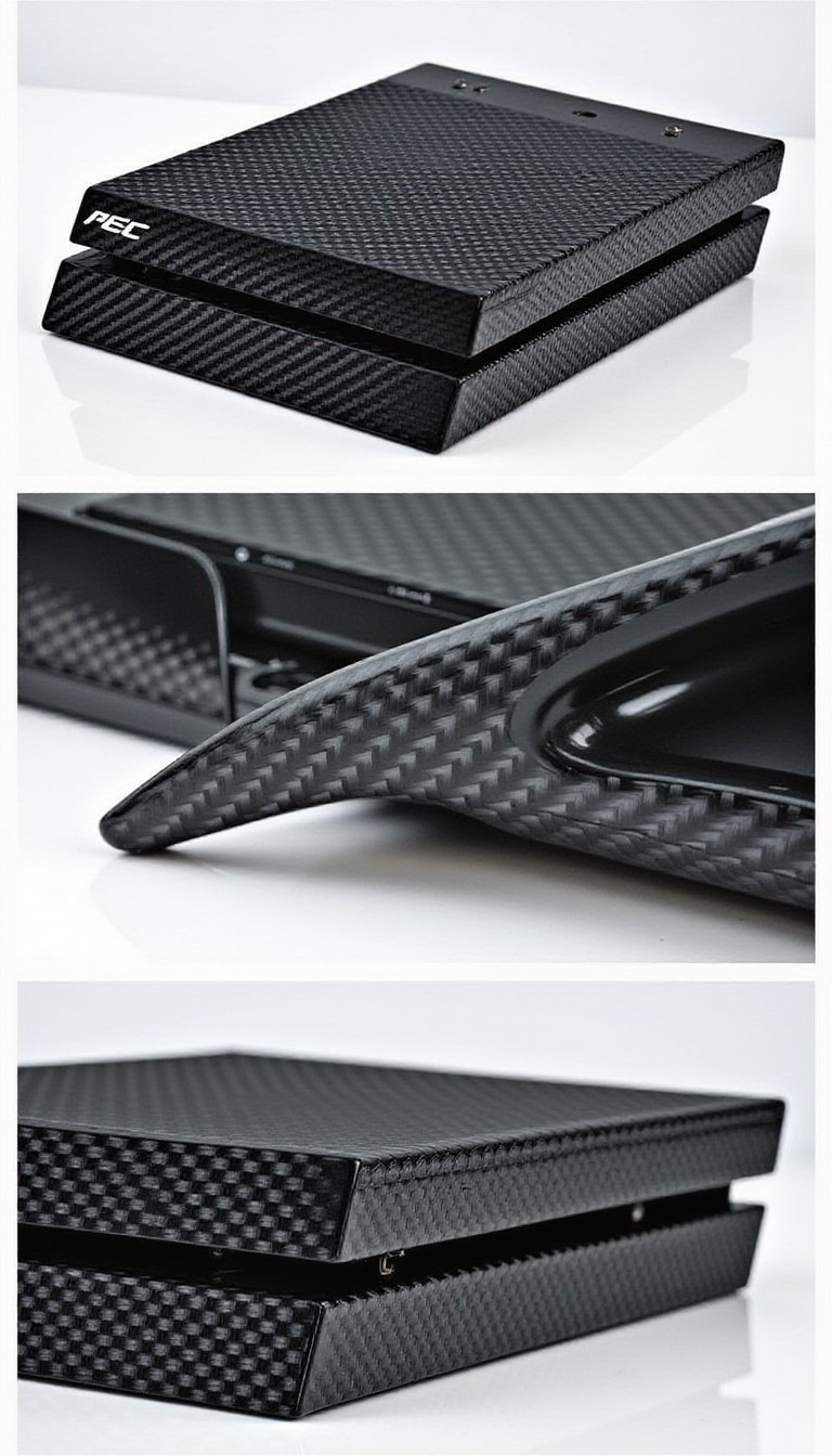 "Create a product photo of a gaming console with a carbon vinyl skin. The image should highlight the premium texture and realistic carbon fiber pattern, with close-up shots of the skin’s fit and finish. Include angled views to showcase how the skin adds a sleek, futuristic look to the console, and ensure the background complements the console’s style."