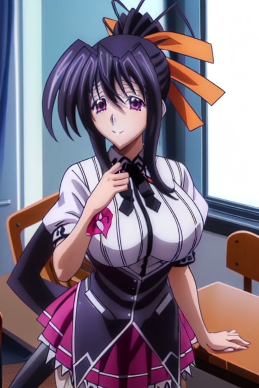 Akeno Himejima wearing a high school dxd academy uniform with orange ribbon and smiling and in the background a classroom