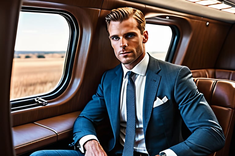 A handsome European male with a chiseled jawline, sharp features, and a confident demeanor. He has short, neatly styled hair, either dark brown or black, and piercing blue eyes. His skin is fair, with a healthy, natural glow. He is dressed in a well-fitted, tailored suit, consisting of a dark navy or charcoal gray blazer and matching trousers. The suit is paired with a crisp white dress shirt and a stylish tie, either in a solid color or with a subtle pattern. He wears polished black leather shoes, completing the sophisticated look.sitting inside an airplane near a window,wearing a glove holding an empty cup .The image is a masterpiece, high-resolution, and of high quality with low saturation, highly detailed, and soft shading. The lighting is soft and diffused, enhancing the natural look of the scene.