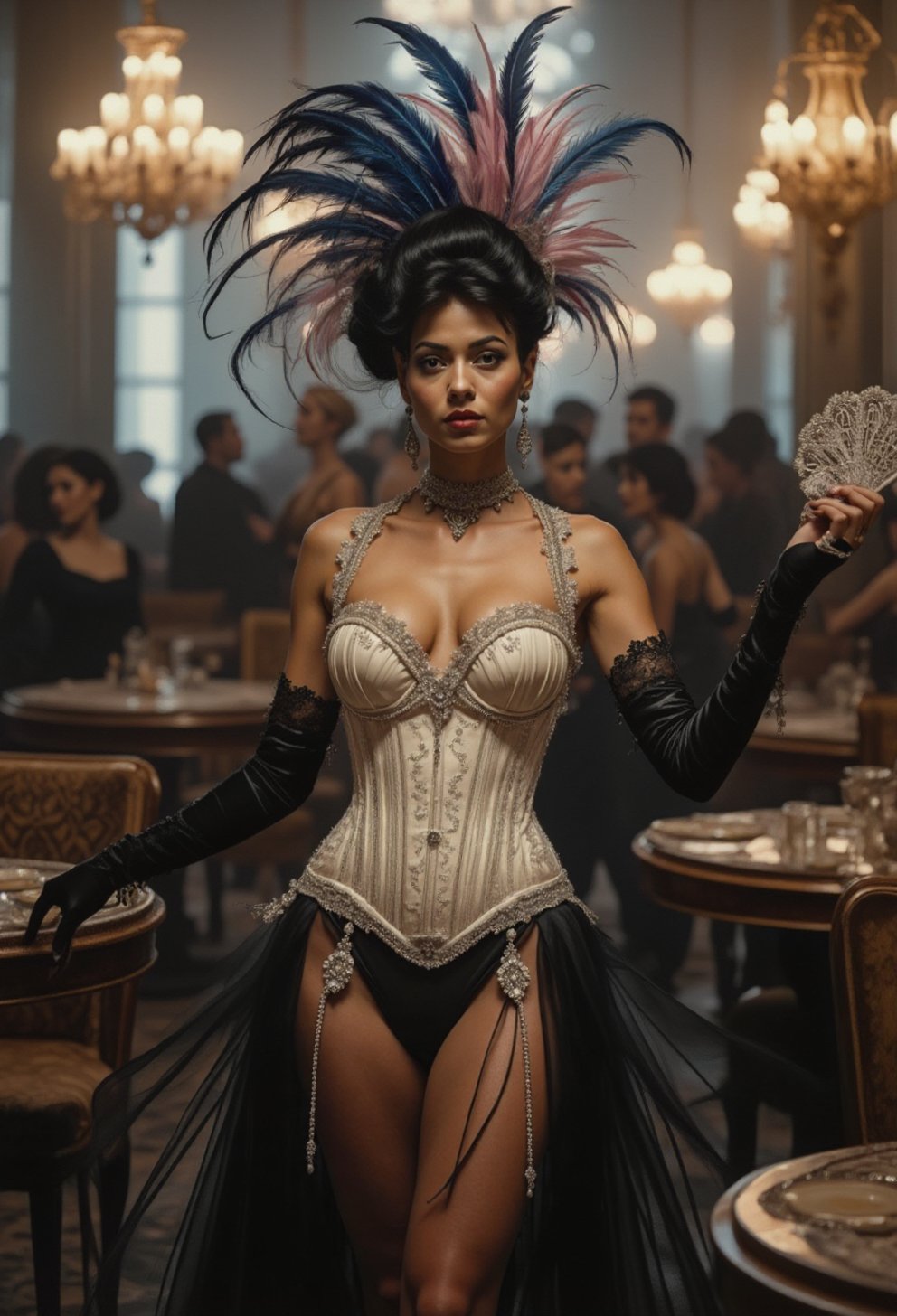 A cabaret dancer captivates as she glides between ornate tables in a dimly lit,  crowded dance hall in Paris in the early...
