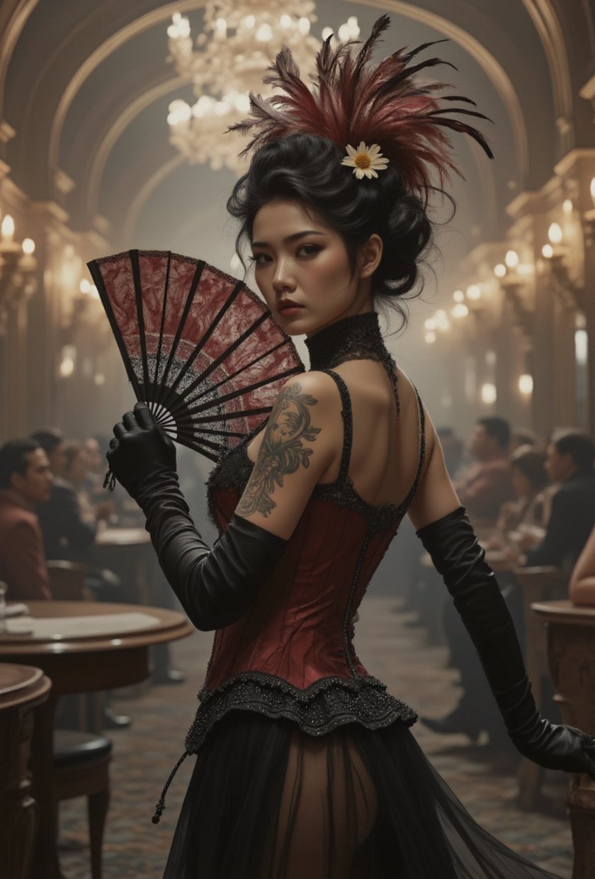 A Japanese cabaret dancer captivates as she glides between ornate tables in a dimly lit,  crowded dance hall in Paris in t...
