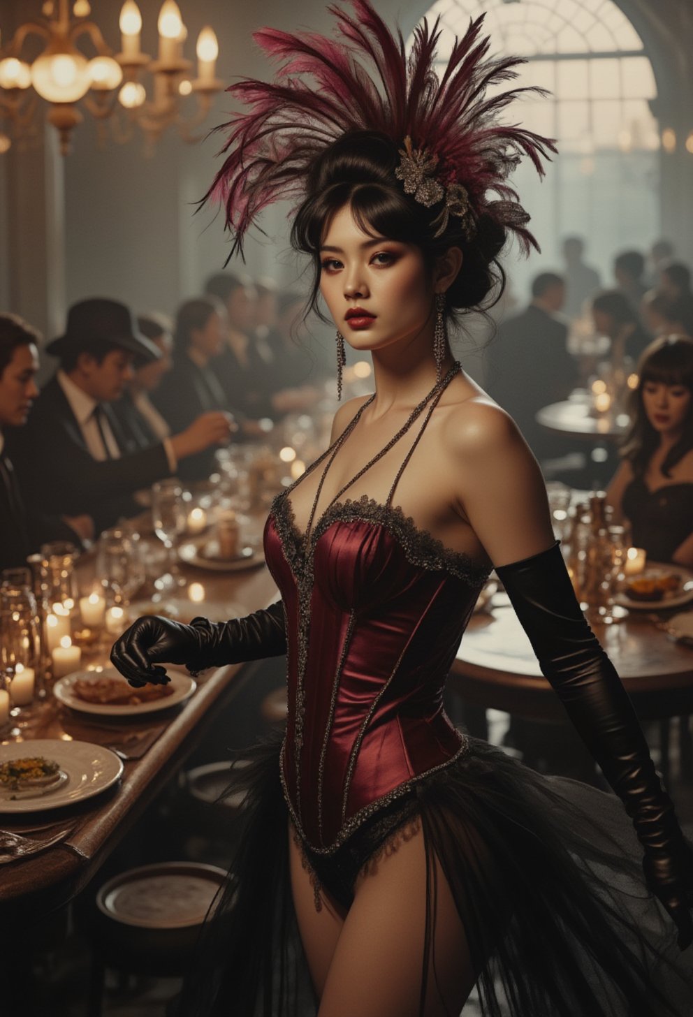 A Japanese cabaret dancer captivates as she glides between ornate tables in a dimly lit,  crowded dance hall in Paris in t...