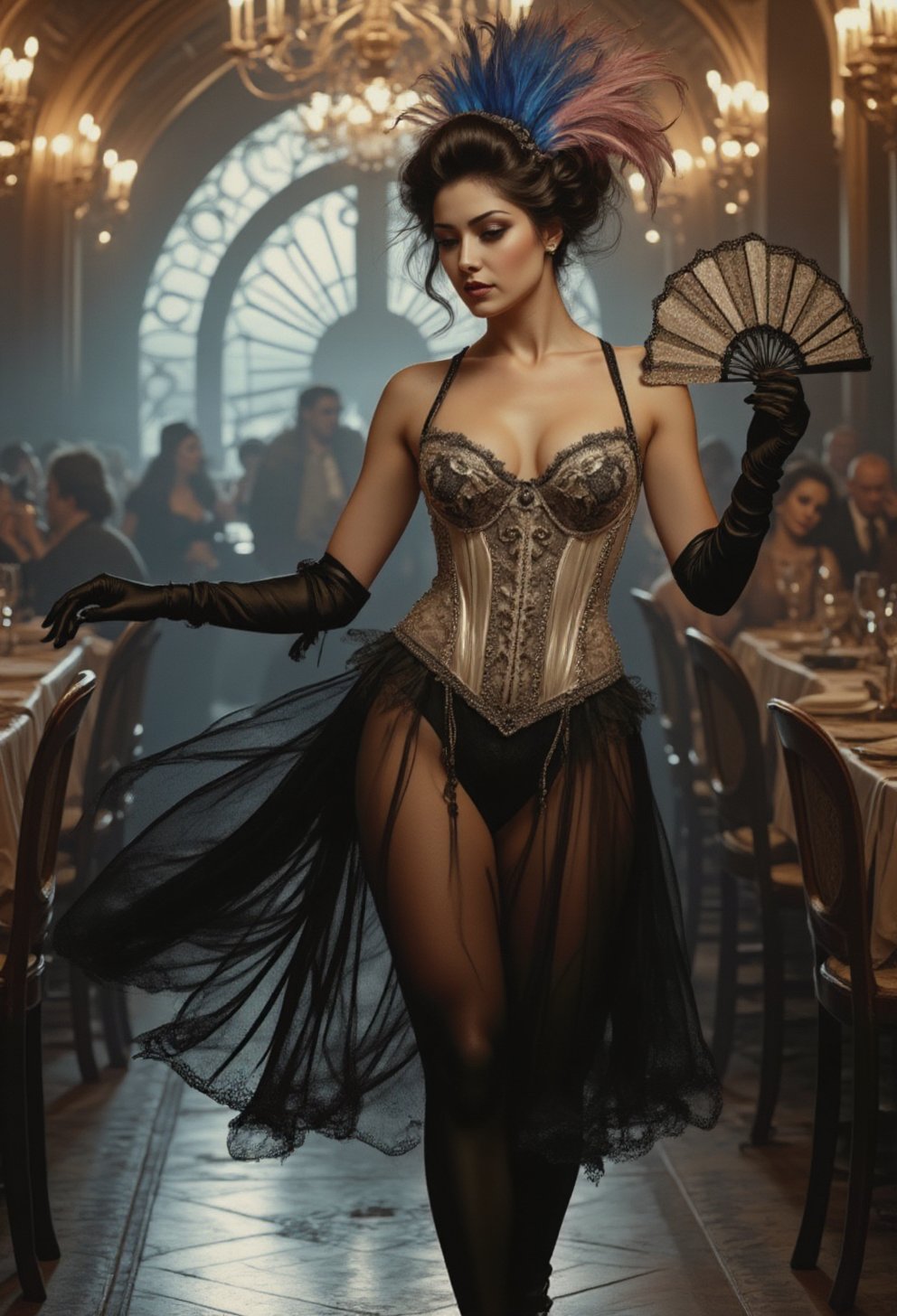 A cabaret dancer captivates as she glides between ornate tables in a dimly lit,  crowded dance hall in Paris in the early...