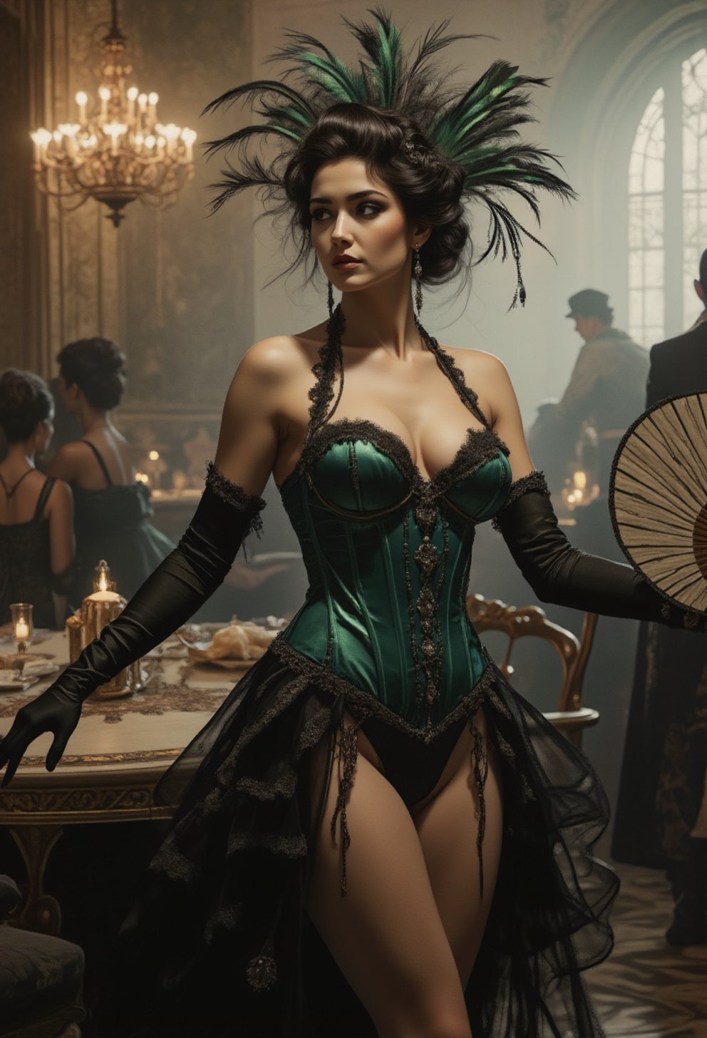 A cabaret dancer captivates as she glides between ornate tables in a dimly lit,  crowded dance hall in Paris in the early...