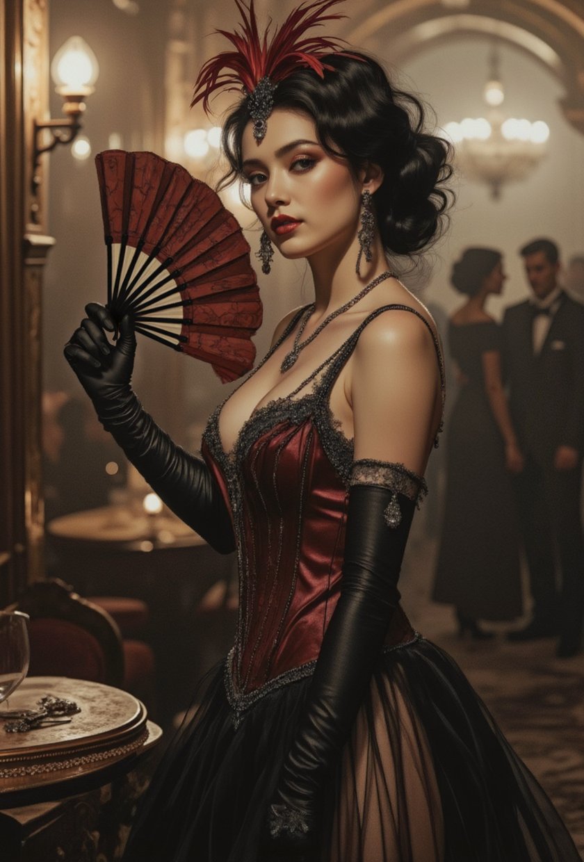 A Malay cabaret dancer captivates as she glides between ornate tables in a dimly lit,  crowded dance hall in Paris in the...