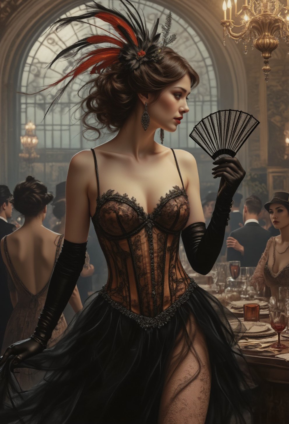 A cabaret dancer wears black satin gloves as she wields a decorative lace and feather fan by ℝ𝕖𝕩𝕠 on Tensor.Art