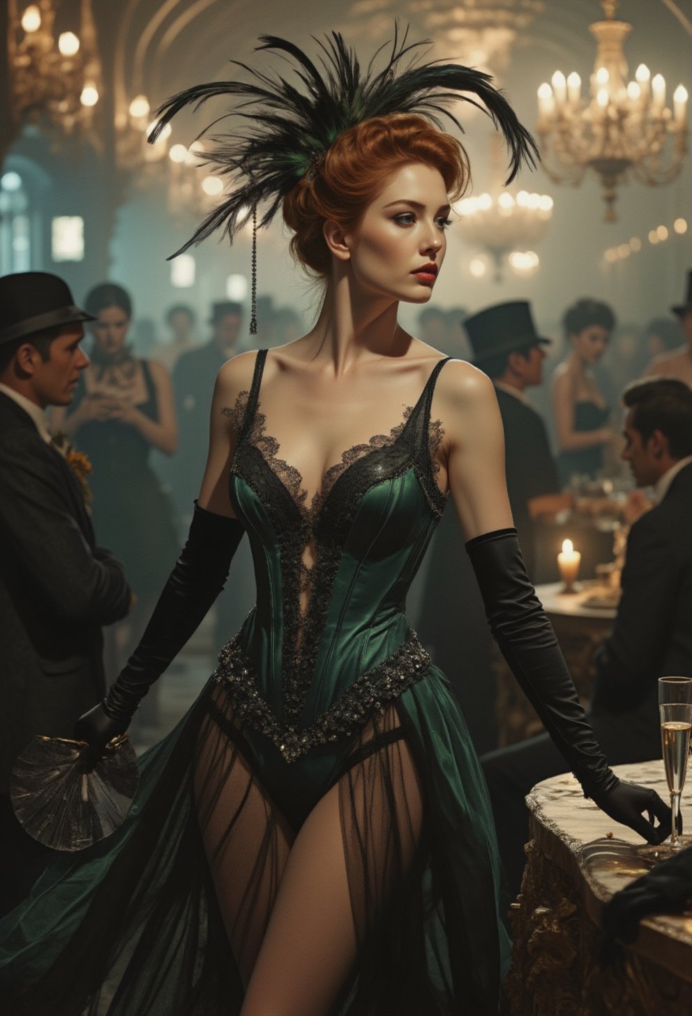 A cabaret dancer captivates as she glides between ornate tables in a dimly lit,  crowded dance hall in Paris in the early...