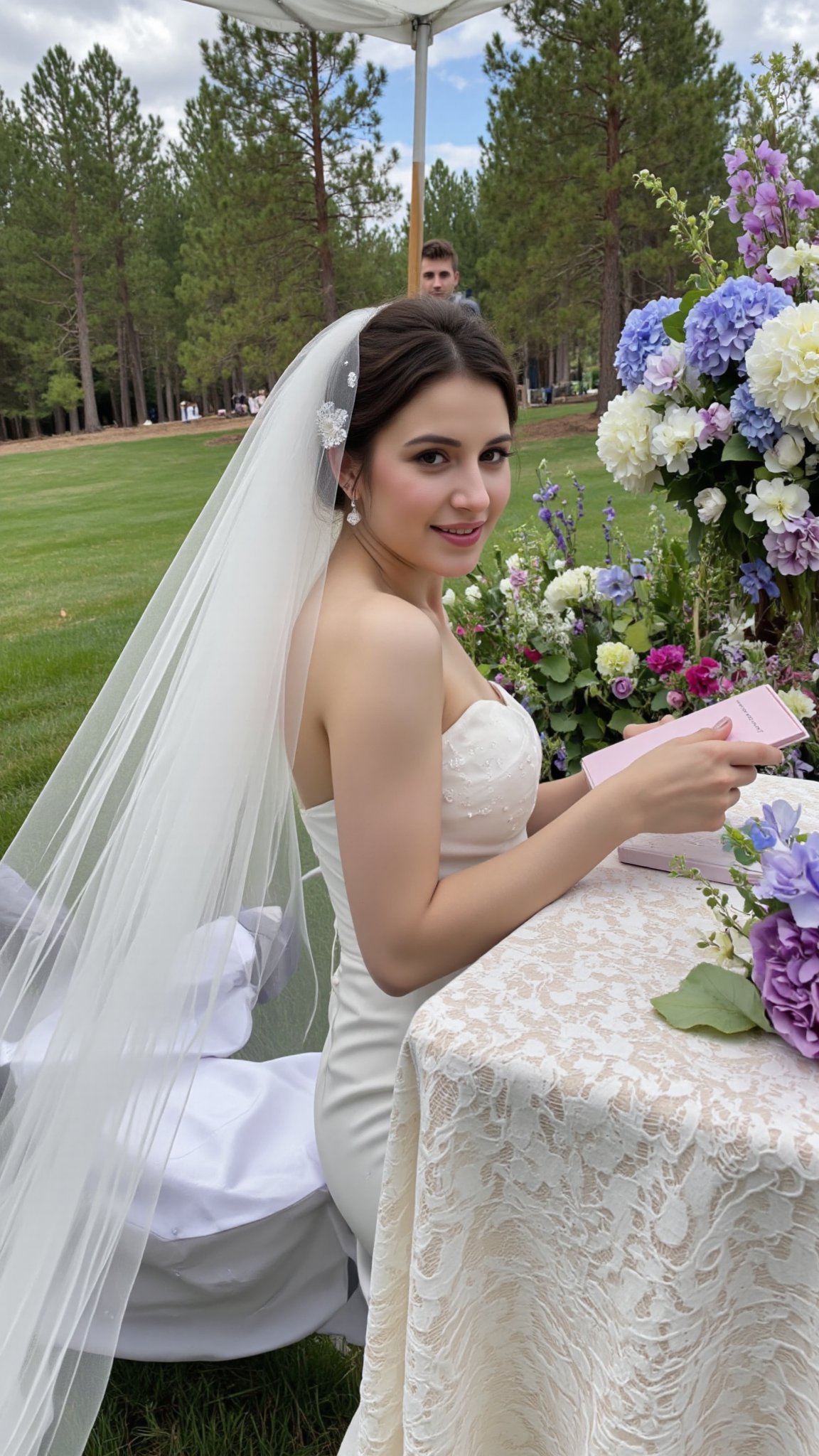 This image shows a bride at what appears to be an outdoor wedding reception or ceremony. The bride is wearing a white slee...
