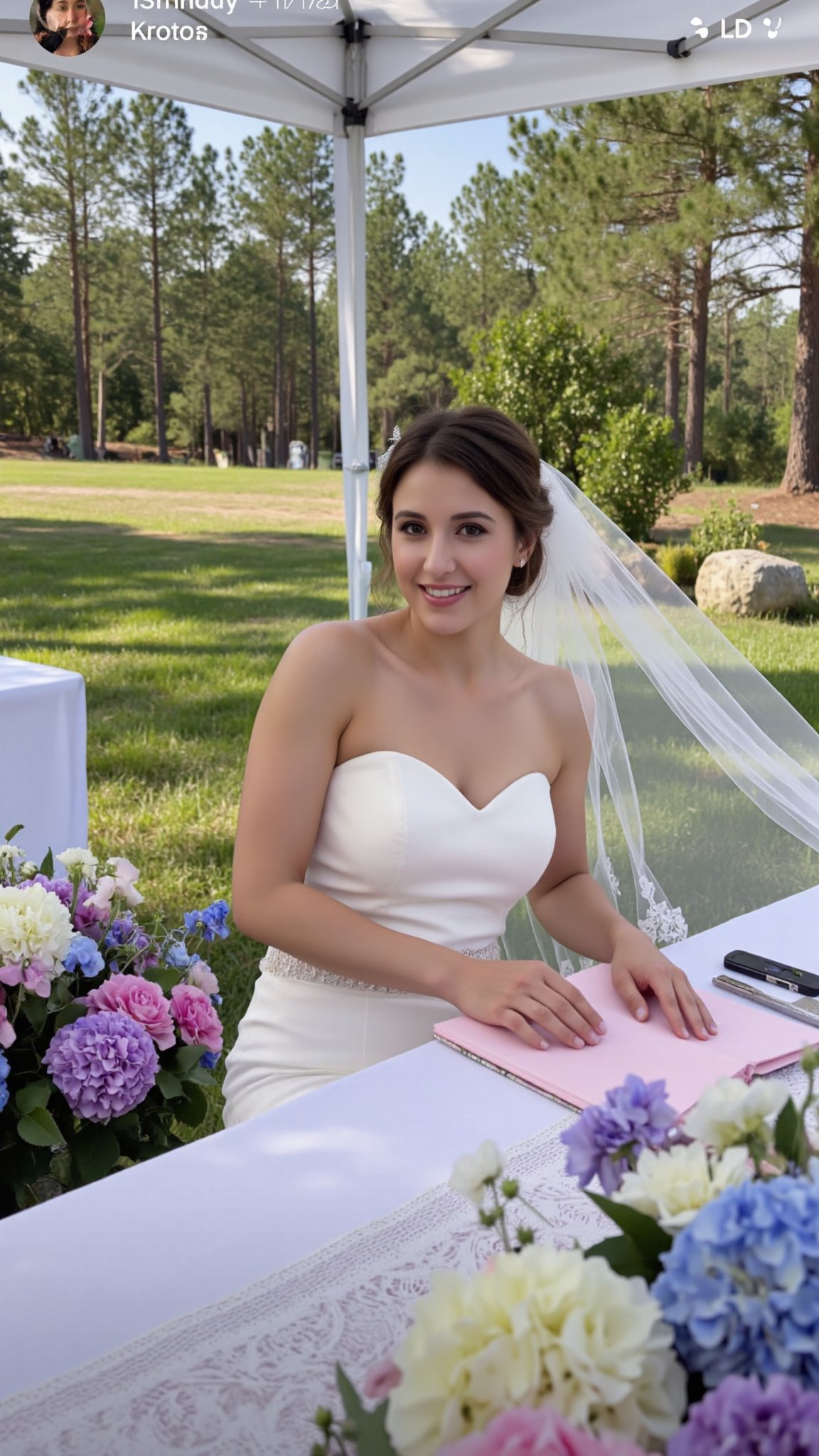 This image shows a bride at what appears to be an outdoor wedding reception or ceremony. The bride is wearing a white slee...