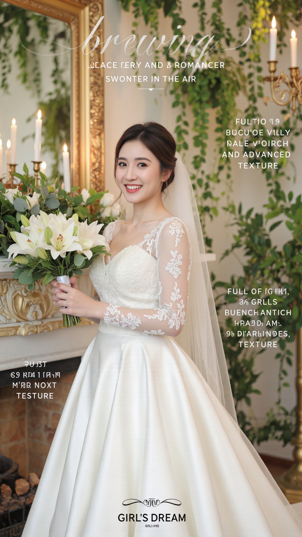 This image shows a beautiful bride in an elegant indoor setting. The bride is wearing a stunning white wedding dress with...
