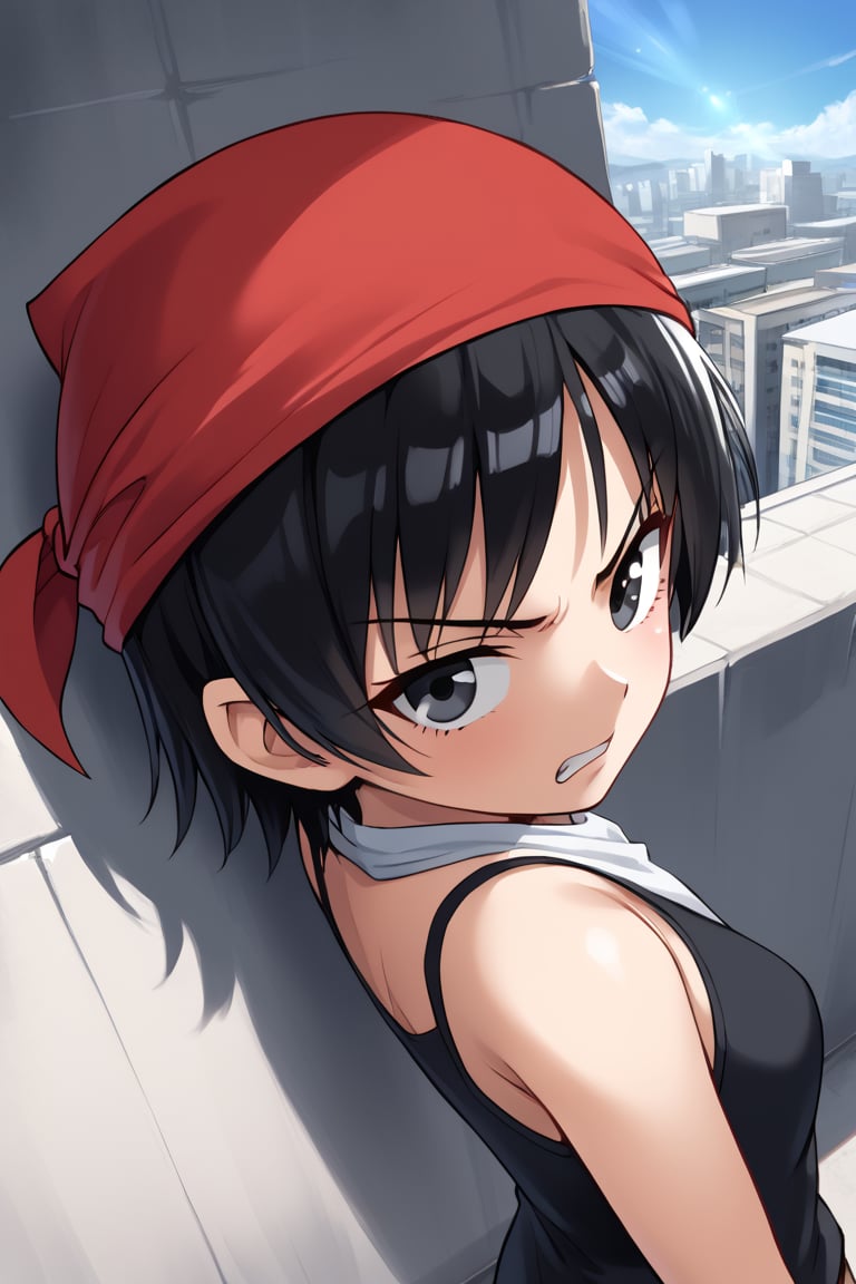 masterpiece, , 1girl, solo, short black hair, (black eyes), pan, from above, angry, portrait, looking at viewer, leaning against a wall,bandana, red shirtblue sky, building, sunlight,