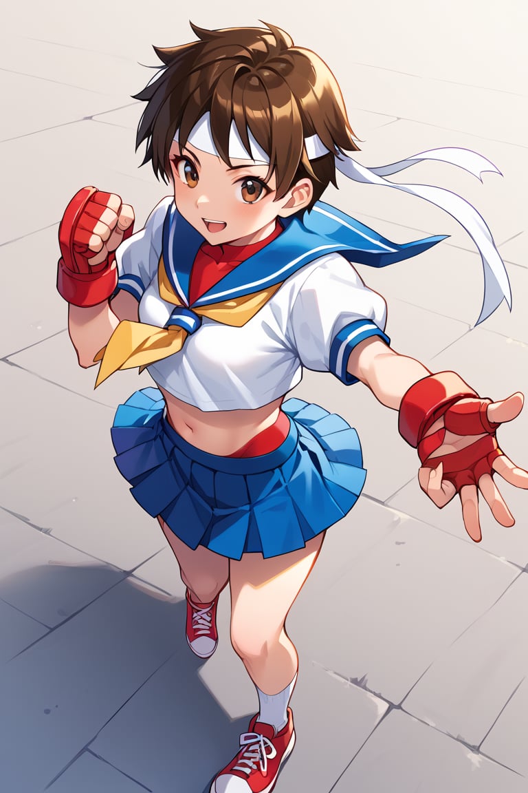 score_9, score_8_up, score_7_up, score_6_up, source_anime, perfect anatomy //characters, 1 girl, solo, sakura kasugano, brown eyes, brown hair, short hair, abdomen, belly, belly button, school uniform, shirt, white shirt, crop top, sailor collar, short sleeves, skirt, blue skirt, miniskirt, ankle socks, shoes, socks, sneakers, headband, white headband, gloves, red gloves, red buruma,//situations, street,//pose, syouryuken, uppercut, punch the sky, jump, from above,/LoRA, beautiful_female_fingers, perfect anatomy, correct number of fingers, 5_fingers, perfect hands, pretty hands