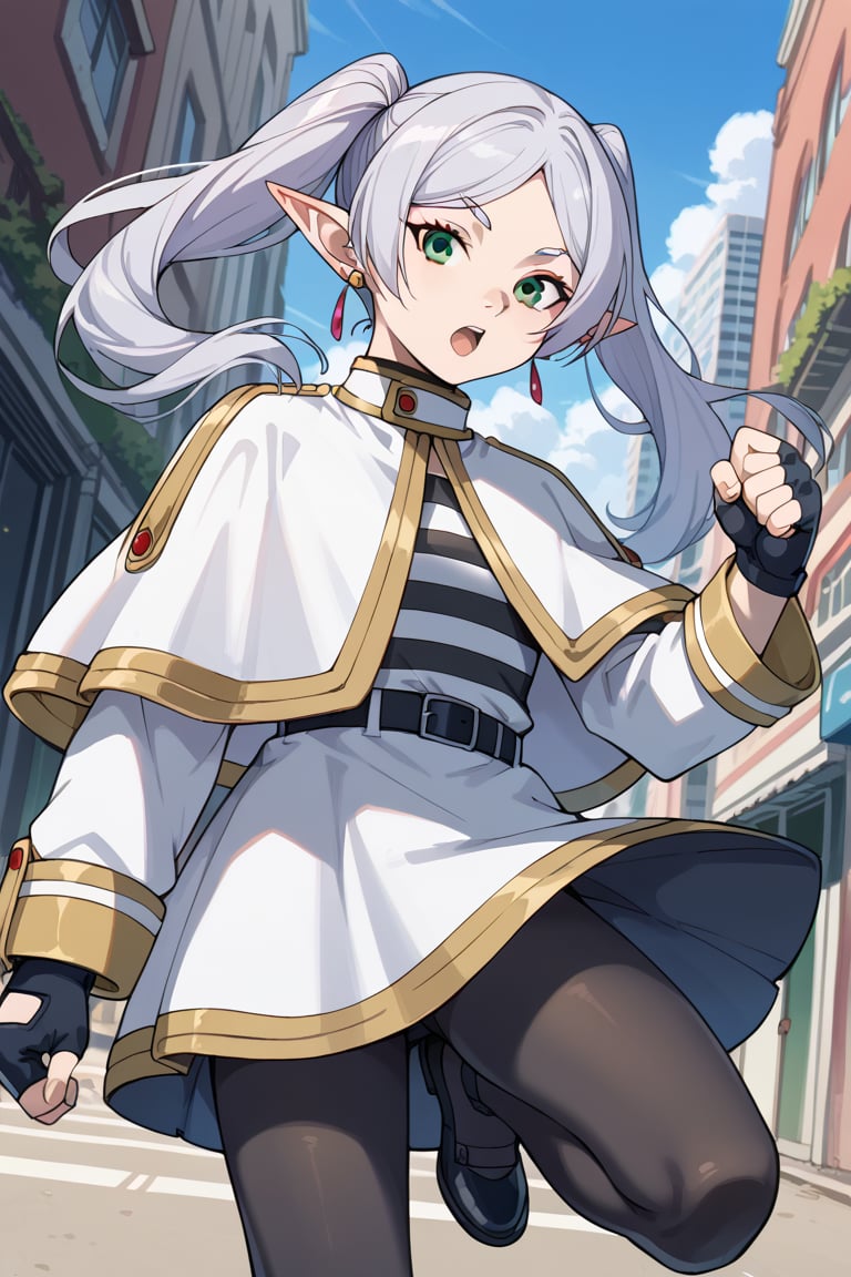 score_9,score_8_up,score_7_up,score_6_up,score_5_up,score_4_upFrierenSSnF,grey hair, long hair, green eyes, twintails, parted bangs, earrings, pointy ears,FrierenCasual, striped shirt, white capelet, black belt, white skirt, long sleeves, black pantyhose, fingerless gloves, outdoors, cityscape, looking at viewer, streets, mouth open, leg up, leg raised, fighting stance, cowboy shot, dutch angle,