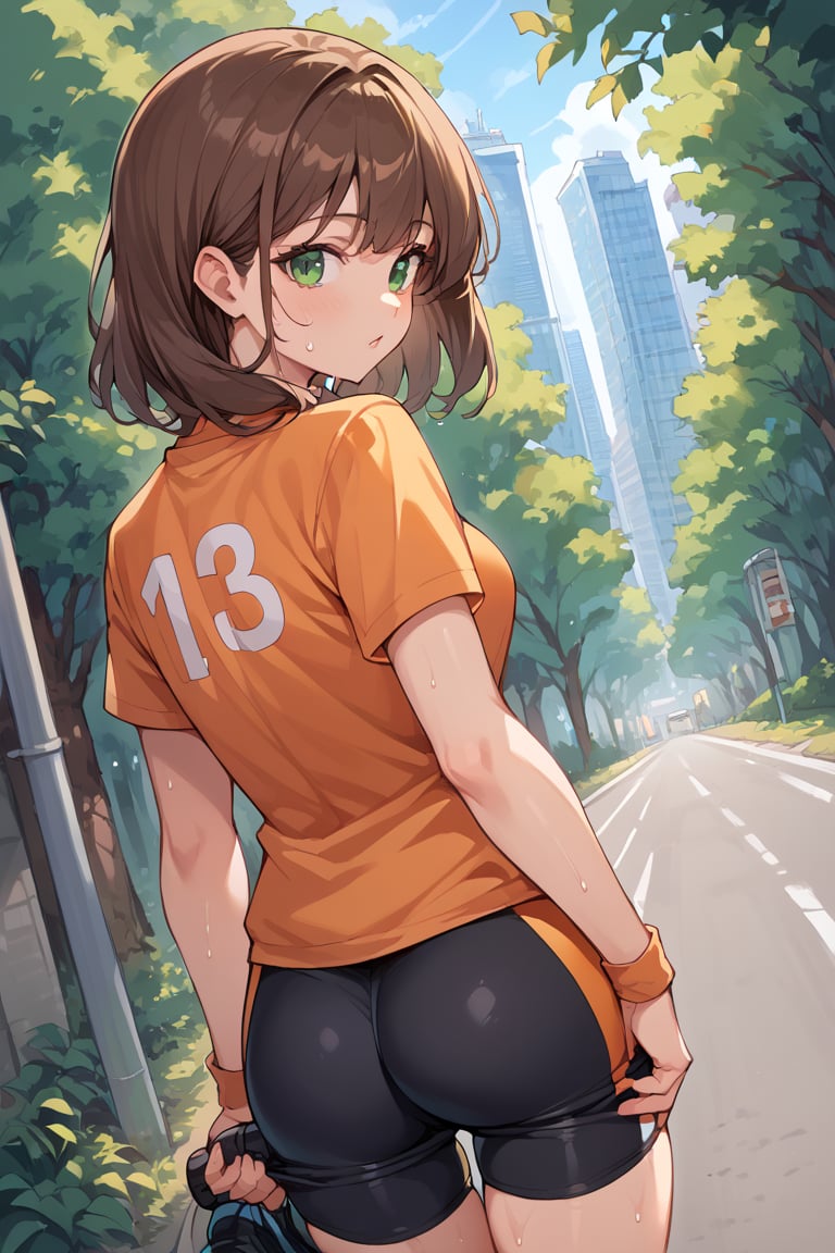 score_9, score_8_up, score_7_up, source_anime, 1 girl, Pan, black cycling shorts, orange shirt, , brown hair, medium hair, green eyes, black boots, sweating, in a forest, , outdoors, cityscape, looking at viewer, streets, from behind, cowboy shot, dutch angle