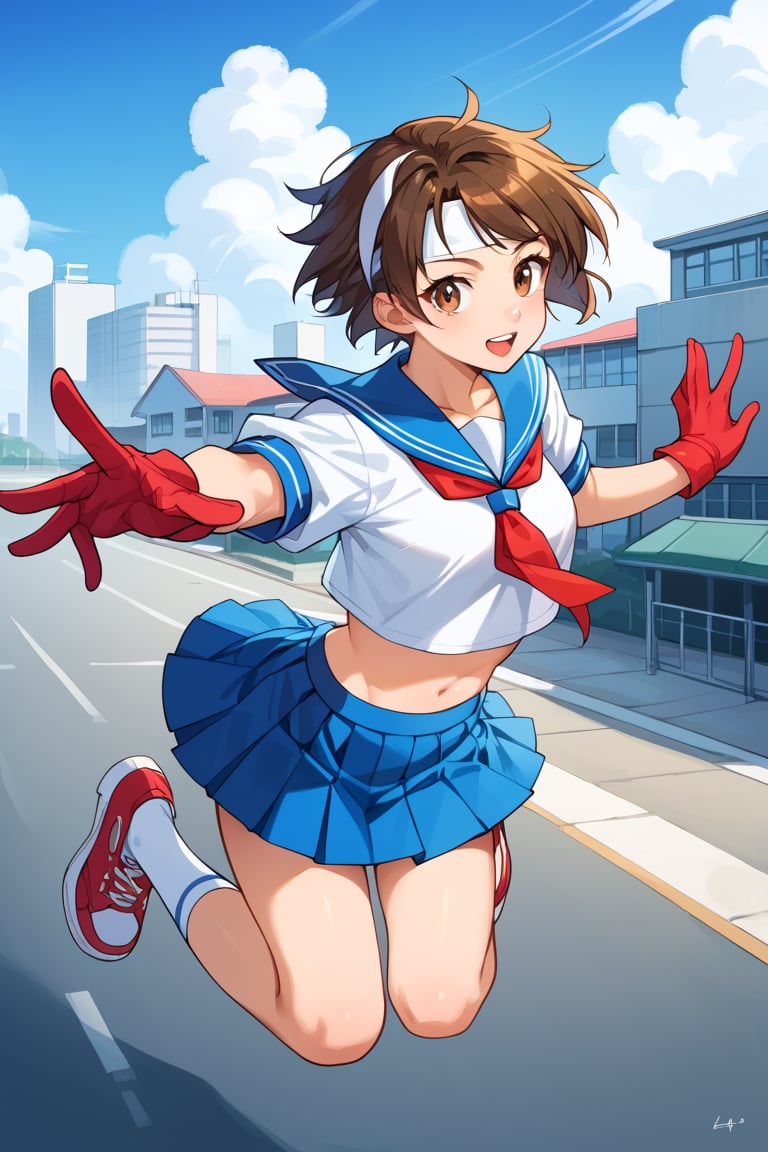 score_9, score_8_up, score_7_up, score_6_up, source_anime, perfect anatomy //characters, 1girl, solo, sakura kasugano, brown eyes, brown hair, short hair, midriff, stomach, navel, school uniform, shirt, white shirt, crop top, sailor collar, short sleeves, skirt, blue skirt, miniskirt, ankle socks, shoes, socks, sneakers, headband, white headband, gloves, red gloves, ,//situations, street ,//pose, syouryuken, uppercut, punch the sky , jumping, from above ,/LoRA, beautiful_female_fingers, perfect anatomy, correct number of fingers, 5_fingers, perfect hands, beautiful hands