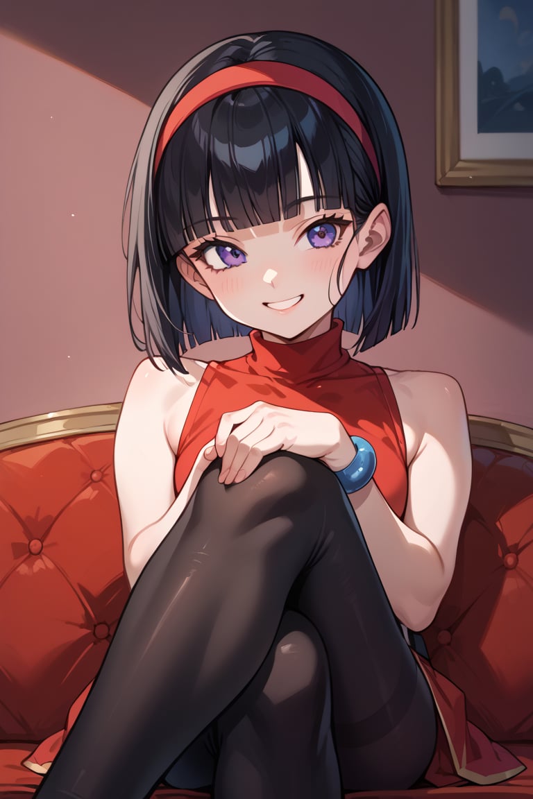 score_9,score_8_up,score_7_up,score_6_up,score_5_up,score_4_up,source_anime, black hair, blunt bangs, long hair, purple eyes, hairband, black hair, blunt bangs, long hair, purple eyes, hairband,score_9, score_8_up, score_7_up,source_real,real skin, BREAK, 1girl, solo, black hair, blue eyes, cowboy shot,, sitting, indoors,short hair,black leggings,pink wall,smile,red sleeveless dress, devil logo, blue bracelet, black belt,red hairband,turtleneck,blunt bangs,short dress,on couch,(crossed legs,hands on own knees), (best quality, masterpiece) ,