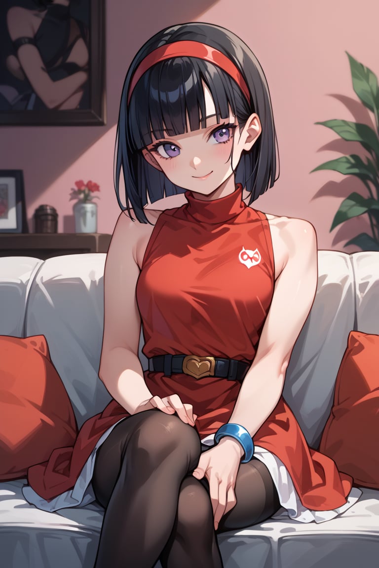 score_9,score_8_up,score_7_up,score_6_up,score_5_up,score_4_up,source_anime, black hair, blunt bangs, long hair, purple eyes, hairband, black hair, blunt bangs, long hair, purple eyes, hairband,score_9, score_8_up, score_7_up,source_real,real skin, BREAK, 1girl, solo, black hair, blue eyes, cowboy shot,, sitting, indoors,short hair,black leggings,pink wall,smile,red sleeveless dress, devil logo, blue bracelet, black belt,red hairband,turtleneck,blunt bangs,short dress,on couch,(crossed legs,hands on own knees), (best quality, masterpiece) ,