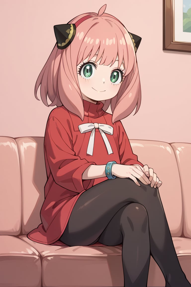 score_9,score_8_up,score_7_up,score_6_up,score_5_up,score_4_up,source_anime,anya forger,bangs,green eyes,pink hair,ahoge,hair ornament,hairpods,child,female child,long sleeves,anya_\(spy_x_family\), black hair, blunt bangs, long hair, purple eyes, hairband,score_9, score_8_up, score_7_up,source_real,real skin, BREAK, 1girl, solo, black hair, blue eyes, cowboy shot,, sitting, indoors,short hair,black leggings,pink wall,smile,red sleeveless dress, devil logo, blue bracelet, black belt,red hairband,turtleneck,blunt bangs,short dress,on couch,(crossed legs,hands on own knees), (best quality, masterpiece) ,