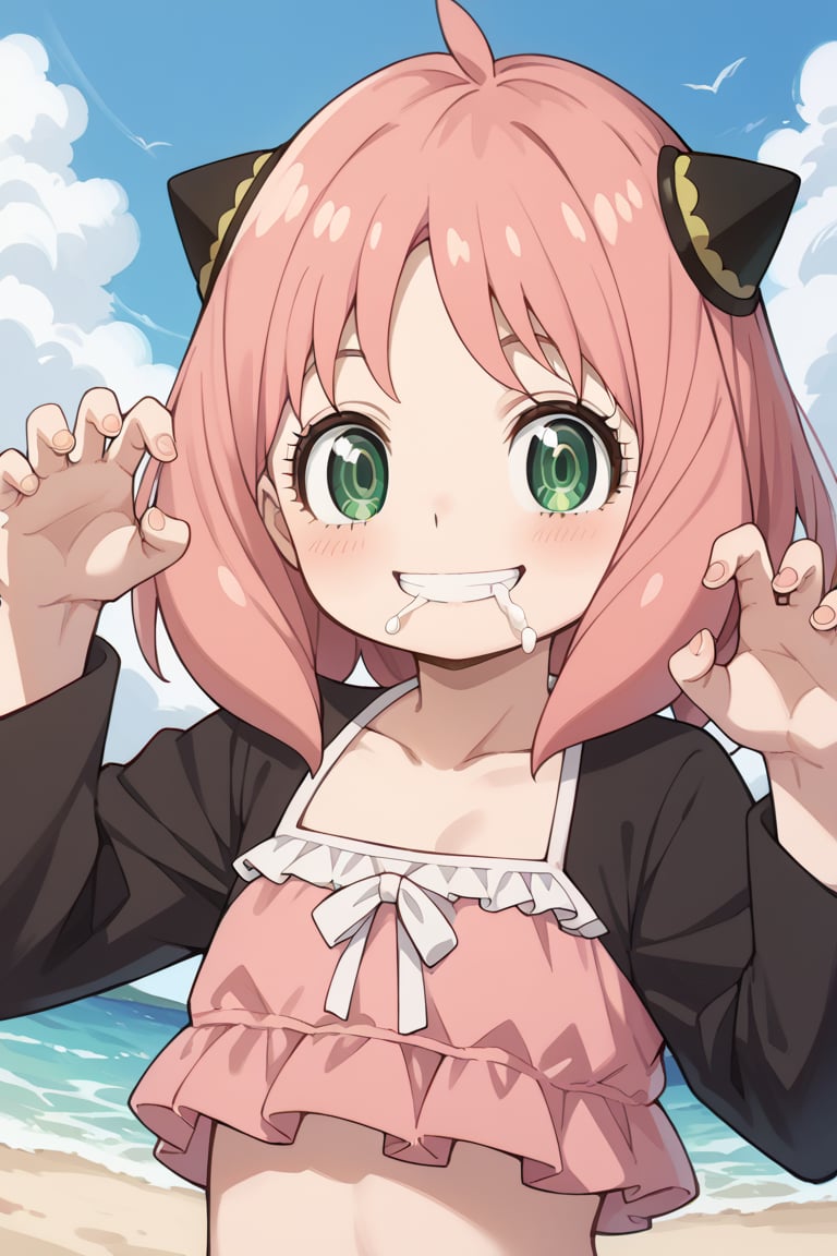 score_9,score_8_up,score_7_up,score_6_up,score_5_up,score_4_up,source_anime,anya forger,bangs,green eyes,pink hair,ahoge,hair ornament,hairpods,child,female child,long sleeves,anya_\(spy_x_family\), 1girl,source_anime, aatakagi, solo, brown hair single hair bun, parted bangs, frilled bikini, pink bikini, hands up, claw pose, smile, beach, sky, collarbone,sticky_cum mouth