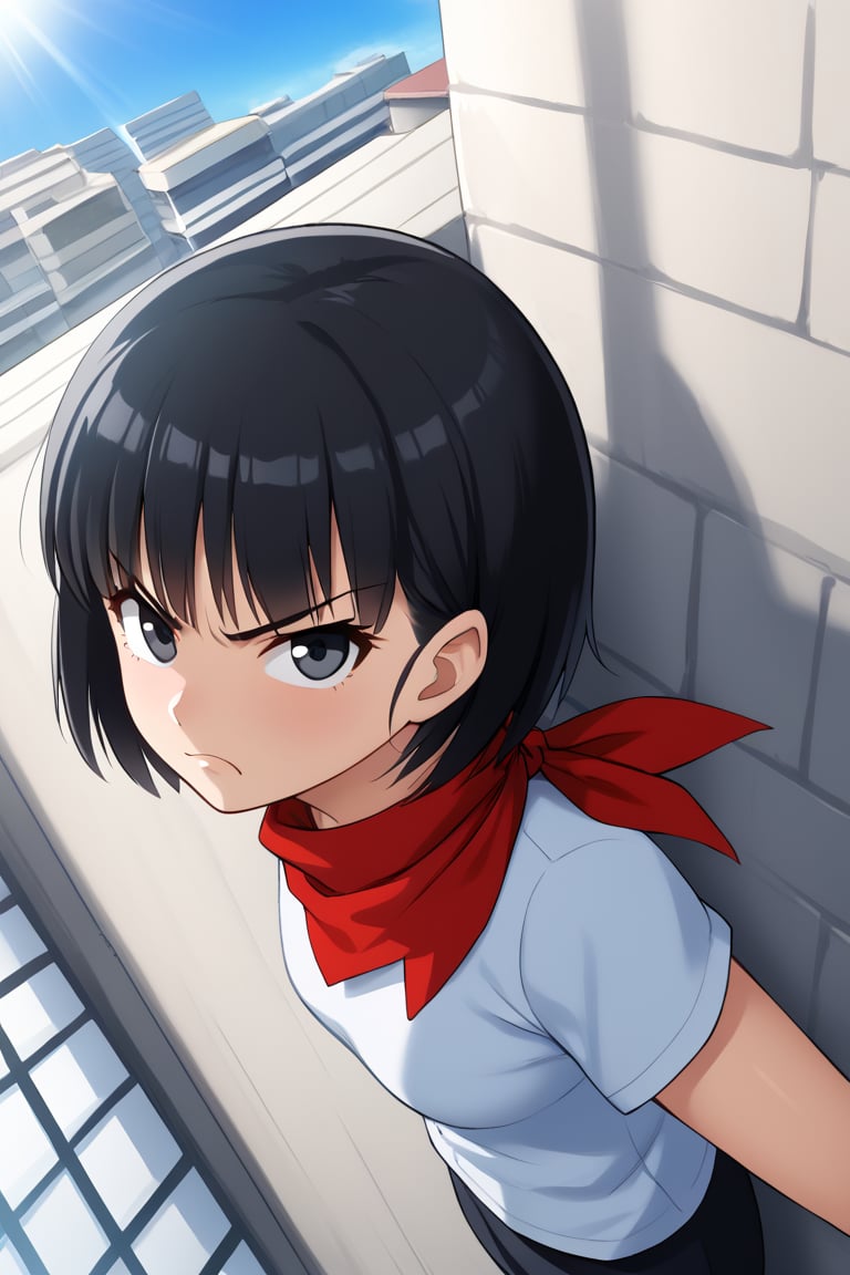 masterpiece, , 1girl, solo, short black hair, (black eyes), pan, from above, angry, portrait, looking at viewer, leaning against a wall,bandana, red shirtblue sky, building, sunlight,