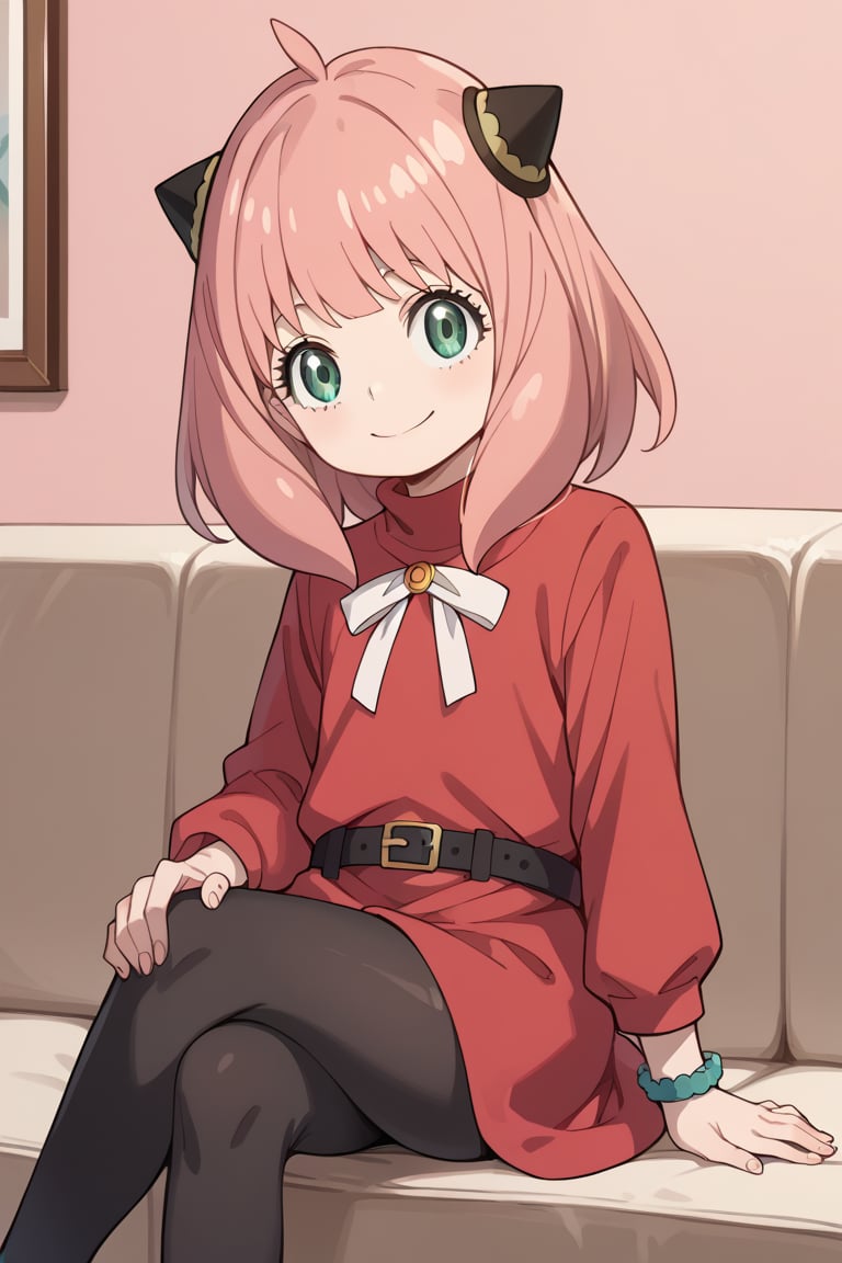 score_9,score_8_up,score_7_up,score_6_up,score_5_up,score_4_up,source_anime,anya forger,bangs,green eyes,pink hair,ahoge,hair ornament,hairpods,child,female child,long sleeves,anya_\(spy_x_family\), black hair, blunt bangs, long hair, purple eyes, hairband,score_9, score_8_up, score_7_up,source_real,real skin, BREAK, 1girl, solo, black hair, blue eyes, cowboy shot,, sitting, indoors,short hair,black leggings,pink wall,smile,red sleeveless dress, devil logo, blue bracelet, black belt,red hairband,turtleneck,blunt bangs,short dress,on couch,(crossed legs,hands on own knees), (best quality, masterpiece) ,