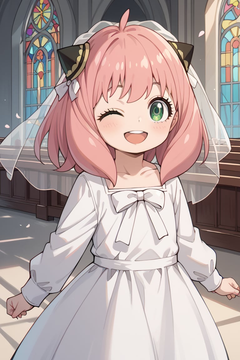 score_9,score_8_up,score_7_up,score_6_up,score_5_up,score_4_up,source_anime,anya forger,bangs,green eyes,pink hair,ahoge,hair ornament,hairpods,child,female child,long sleeves,anya_\(spy_x_family\) score_9,score_8_up,score_7_up,source anime,very detailed illustration, little girl,loli, wedding dress,looking at viewer,open mouth,smile,solo,winking,church