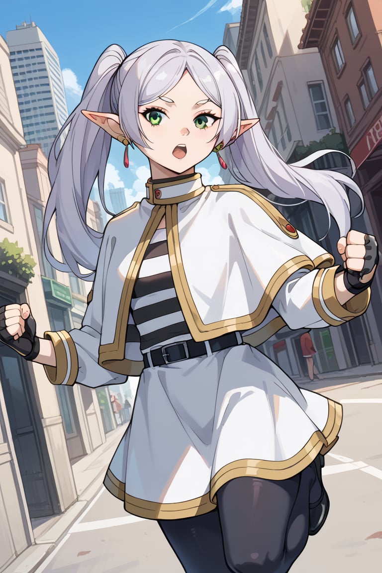 score_9,score_8_up,score_7_up,score_6_up,score_5_up,score_4_upFrierenSSnF,grey hair, long hair, green eyes, twintails, parted bangs, earrings, pointy ears,FrierenCasual, striped shirt, white capelet, black belt, white skirt, long sleeves, black pantyhose, fingerless gloves, outdoors, cityscape, looking at viewer, streets, mouth open, leg up, leg raised, fighting stance, cowboy shot, dutch angle,