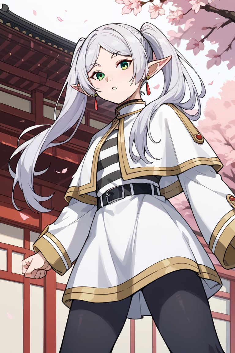 score_9,score_8_up,score_7_up,score_6_up,score_5_up,score_4_upFrierenSSnF,grey hair, long hair, green eyes, twintails, parted bangs, earrings, pointy ears,FrierenCasual, striped shirt, white capelet, black belt, white skirt, long sleeves, black pantyhose,,fighting stance,from below,east asian architecture,cherry blossoms,