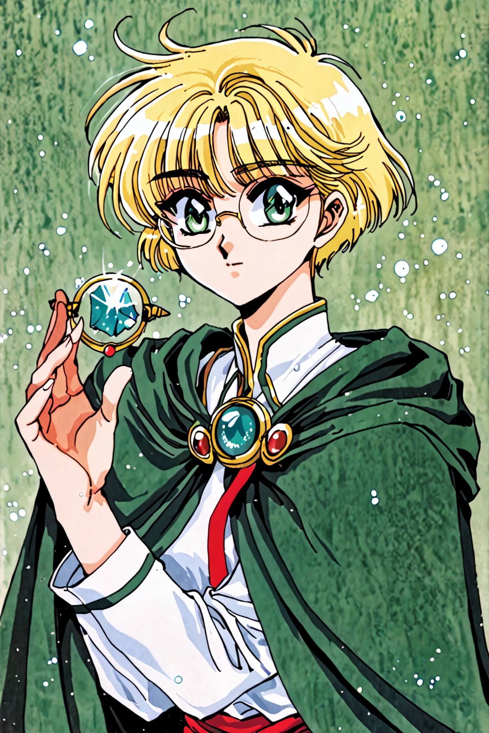 score_9,score_8_up,score_7_up,masterpiece,best quality,Magic Knight Rayearth,Hououji Fuu,1girl,solo,green theme,short hair,blonde hair,crystal,retro artstyle,1990s \(style\),glasses,round eyewear,cape,green eyes,,