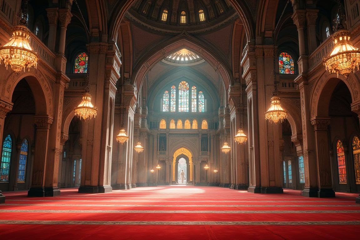 **Prompt:**

A highly detailed, realistic photograph of the interior of a grand mosque, capturing the serene and spiritual ambiance of a liminal space. The expansive prayer hall is bathed in soft, natural light streaming through intricately designed stained glass windows, casting vibrant hues of blue, green, and gold across the vast expanse of plush, red carpets. The high, vaulted ceiling is adorned with delicate geometric patterns and Arabic calligraphy, reflecting centuries of craftsmanship and devotion.

Massive, ornate chandeliers hang gracefully from the ceiling, their intricate metalwork and glass prisms catching the light, adding a gentle glow to the room. Tall, slender columns line the sides of the prayer hall, each one intricately carved with floral motifs and symmetrical designs, guiding the eye towards the stunning mihrab at the front. The mihrab, framed by intricate tilework in shimmering blues and golds, is a focal point of the space, symbolizing the direction of prayer.

The atmosphere is one of deep reverence and tranquility, where time seems to stand still in the quiet, sacred embrace of the mosque’s beauty.