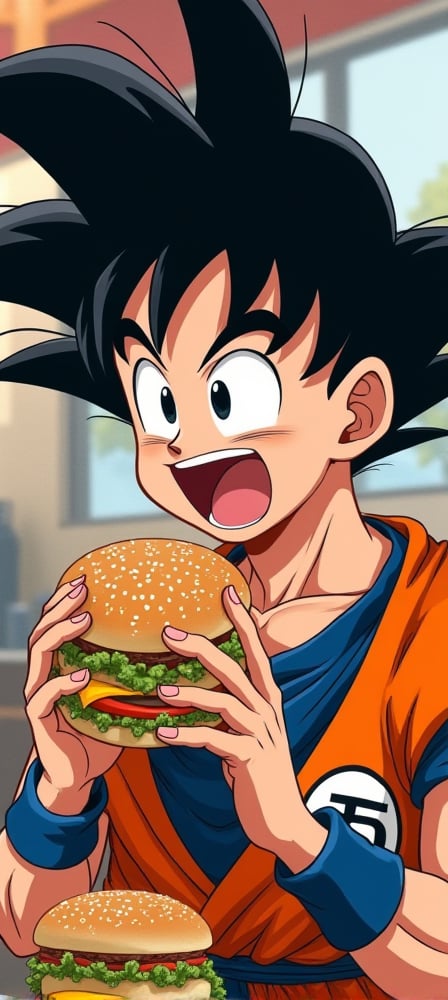 masterpiece, high quality, high detailed face, best quality, absurdres,  

a drawing of goku from the dragon ball series eating hamburgers at a fast food restaurant with his friend Bulma