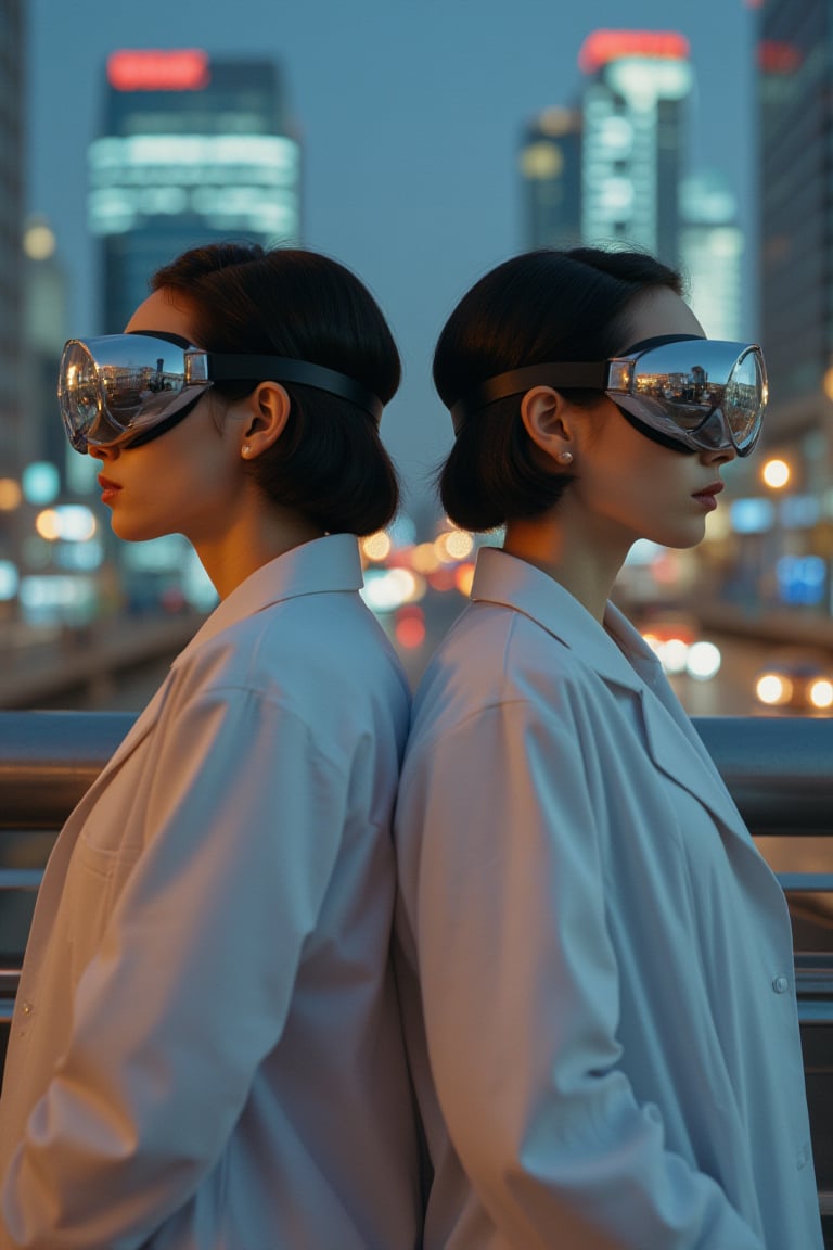 A futuristic cityscape in 1950s Moscow-inspired aesthetic; two identical twins, dressed in matching lab coats and goggles, stand back-to-back, their faces reflected in the mirrored visors. The composition is symmetrical, with the twins' profiles framing the central axis. Soft, warm lighting highlights their features, while the city's neon-lit skyscrapers glow in the background.