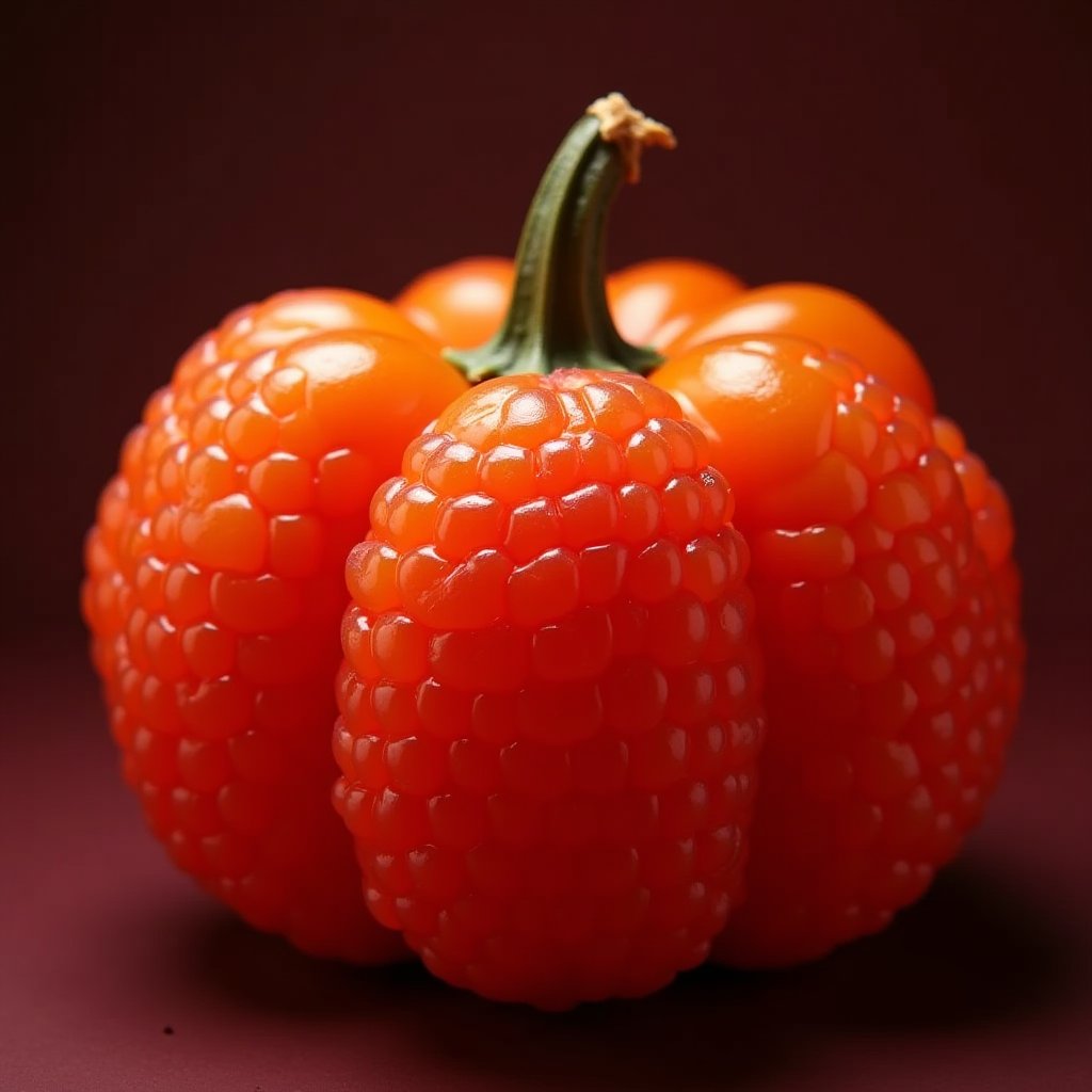 close up of juicy raspberry looking like pumpkin, halloween style