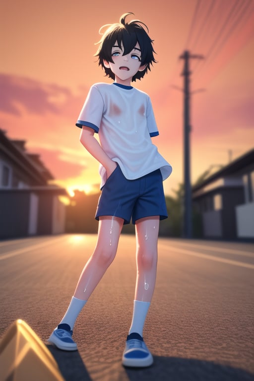 A 6 year old boy kid, black short_hair, innocent face with naughty expression, slighty_chubby, big_eyes, blue colored wet short_sleeves, short_pant, very naughty, back home from playground, cinematic light, sunset golden hour, blurry_background, depth_of_field, full_body, 3d, ultra 8k