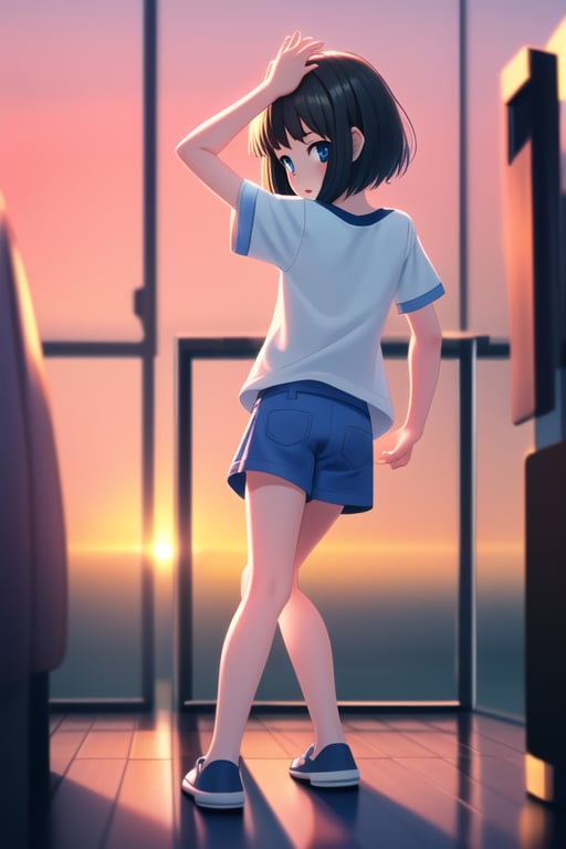 A 6 year old girl kid, black short_hair, innocent face with fluffy  expression, big_eyes with glass, blue colored short_sleeves, short_pant, very shy, back home from playground, cinematic light, sunset golden hour, blurry_background, depth_of_field, full_body, 3d, ultra 8k