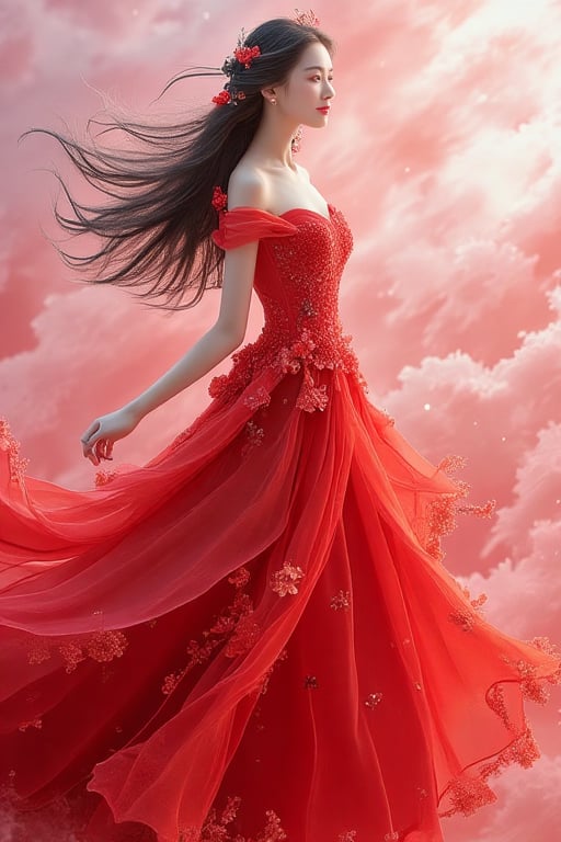 a beautiful Korean girl in a long red dress, long hair, a slender body, an elegant smile, a bright atmosphere, breeze wind, photo-realistic