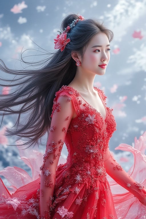 a beautiful Korean girl in a long red dress, long hair, a slender body, an elegant smile, a bright atmosphere, breeze wind, photo-realistic, Frozen