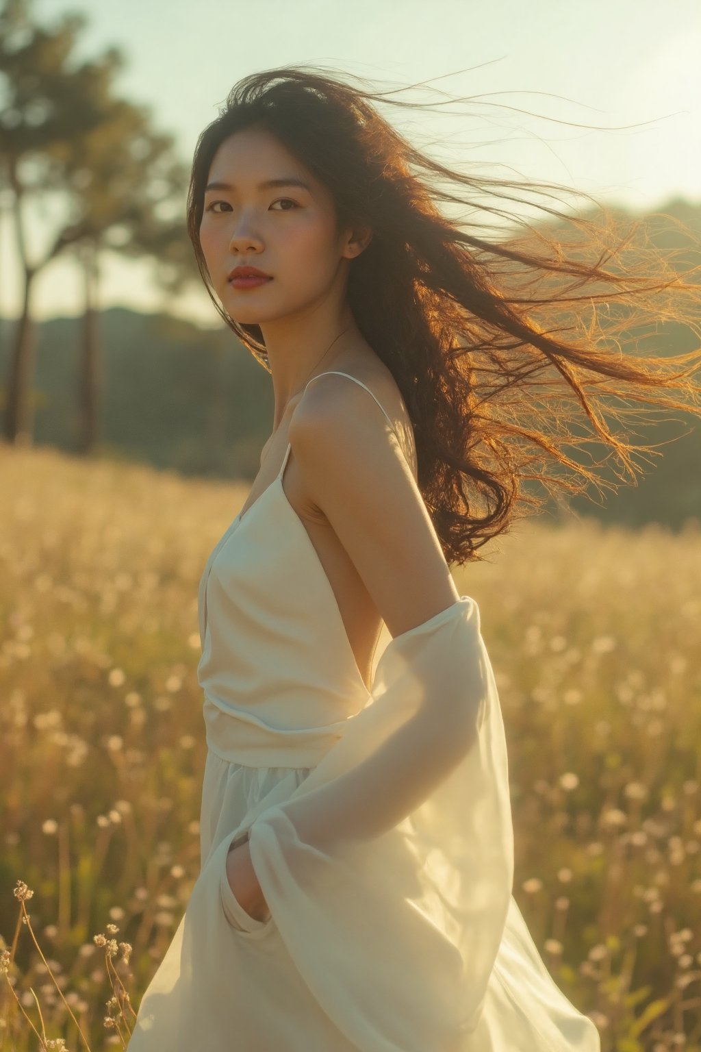 Prompt: A stunning 20-year-old Korean woman stands fully within the frame, radiant with elegance. Backlit by warm sunlight, her modern white dress billows softly around her, hair and fabric fluttering harmoniously. Her smile, a masterpiece of subtlety, illuminates her entire face. The camera captures every detail: luscious long locks, toned physique, and delicate features. An 8K resolution showcases the breathtaking bokeh, cinematic lighting, and raw beauty. Her figure fills the frame, inviting the viewer's gaze to linge