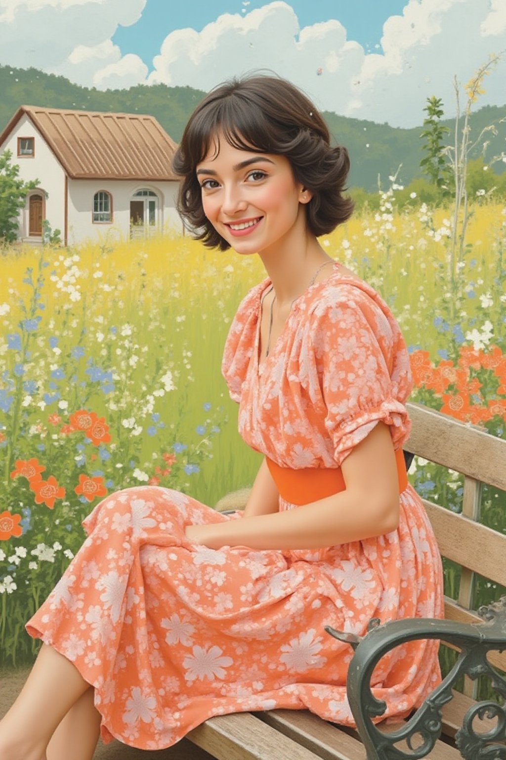 Realistic oil painting of a full body shot of a smiling young beautiful European woman in a open short translucent chintz...