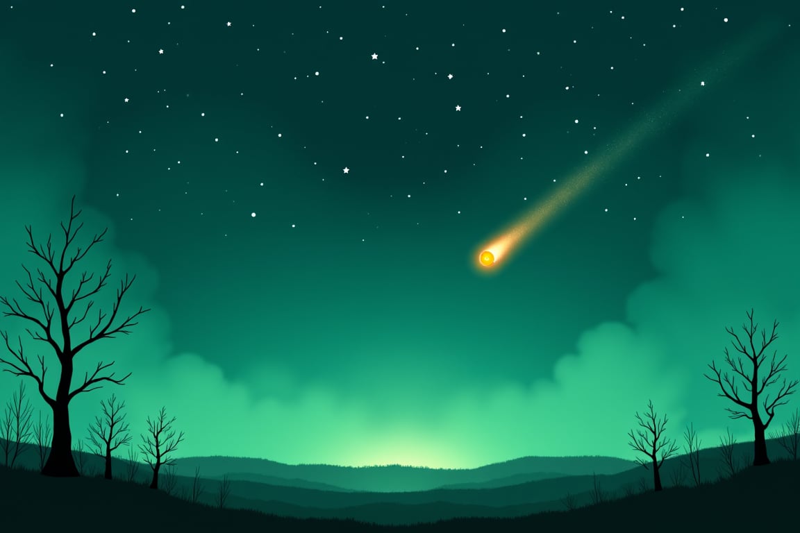 score_9, score_8_up, score_7_up, Expressiveh, (masterpiece: 1.2), illustration, Stars are scattered across the emerald sky. A small meteorite, spewing fiery smoke, descends from the upper right to the lower left. Here and there, only dry branches remain on small trees.